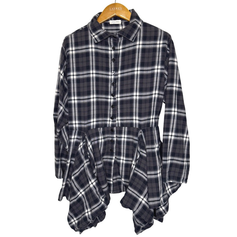 Krista Larson Plaid Flannel Pinwheel Tunic Top Black/Brown/Gray/White One Size